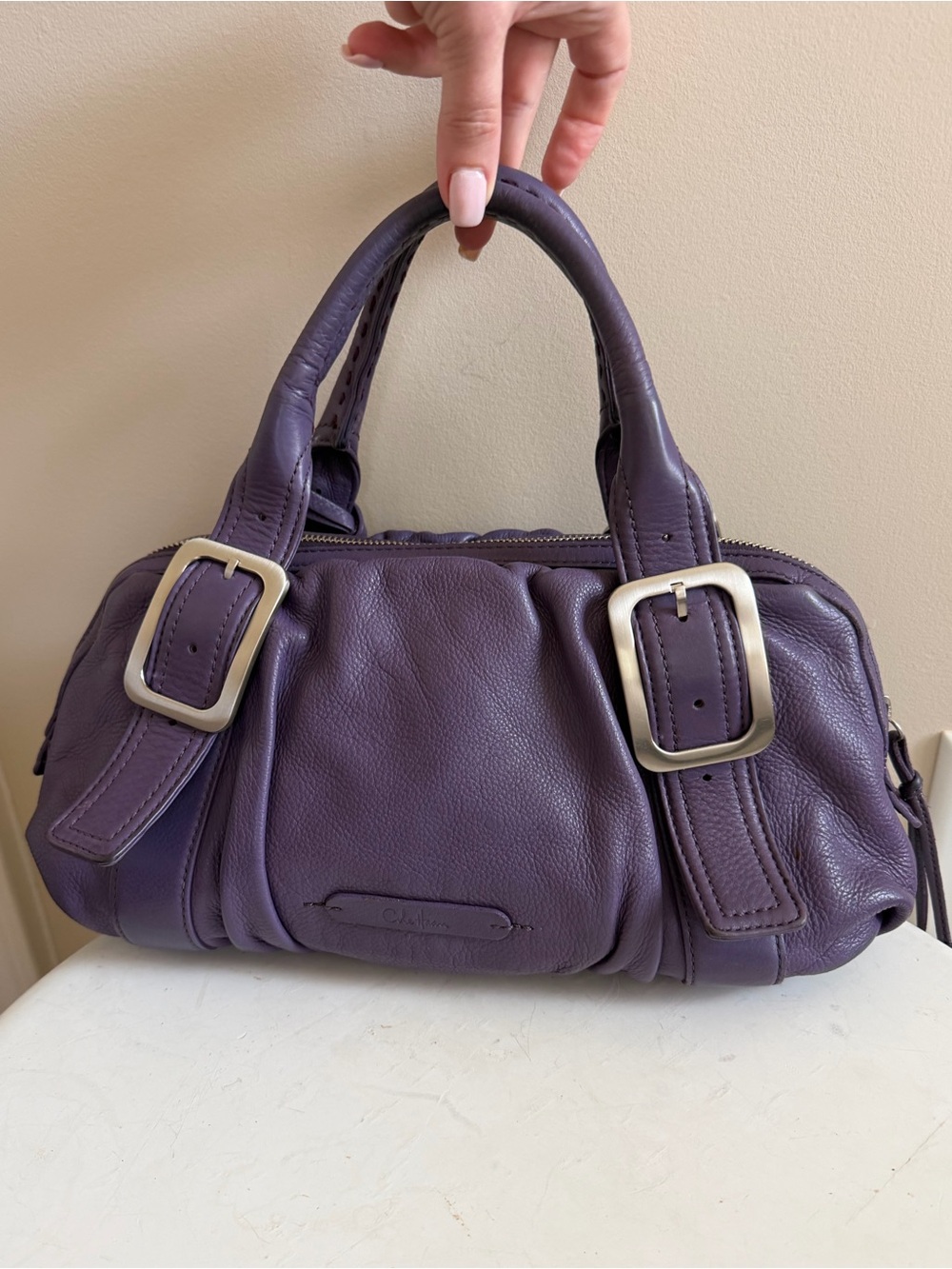 Cole Haan Purple & silver pebbled leather Satchel handbag Purse - Picture 3 of 9